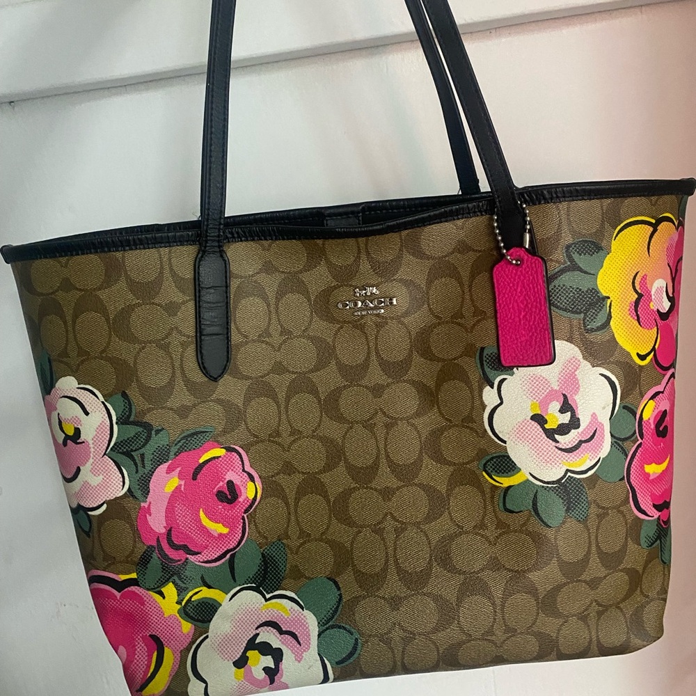 Coach Brown and Pink Floral Tote Bag